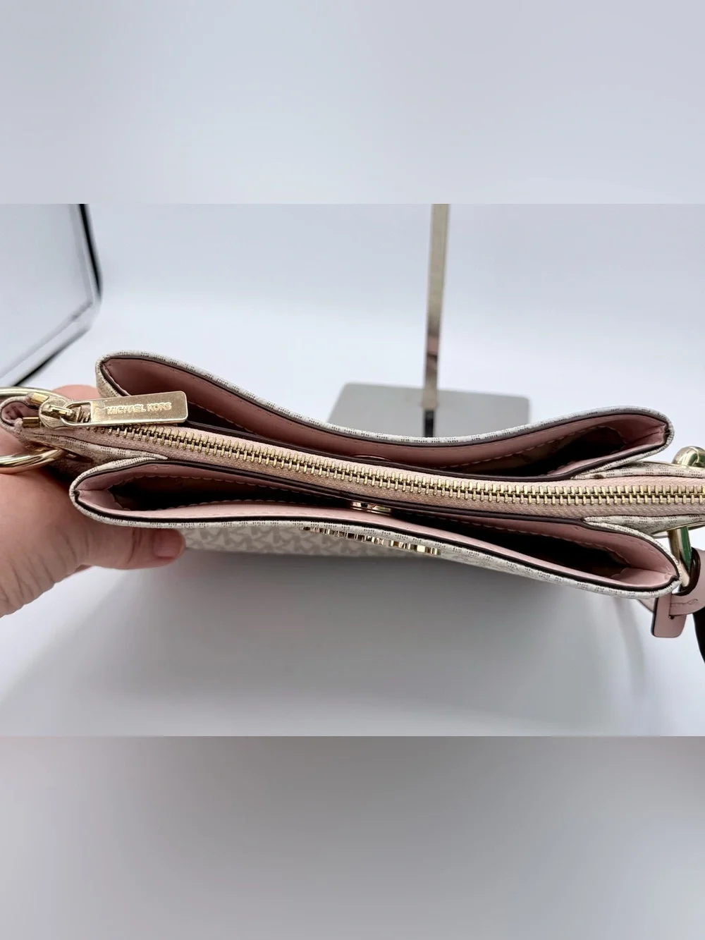 Michael Kors Nicole Large Logo Crossbody Bag Vanilla MK Signature Blush Pink